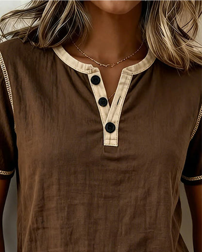 Color Block Topstitch Henley Neck Short Sleeve Blouse