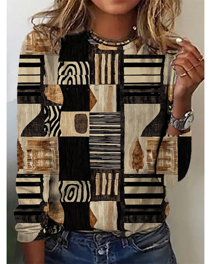 Retro geometric print round neck long sleeve top 2024 f/w blouses & shirts Western Style