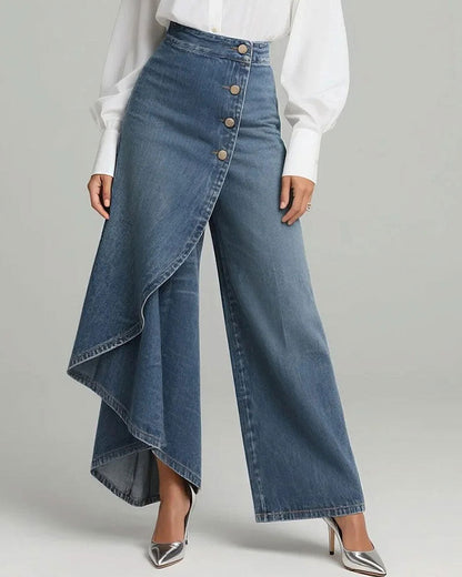 Asymmetrical Wrap Denim Wide-Leg Pants