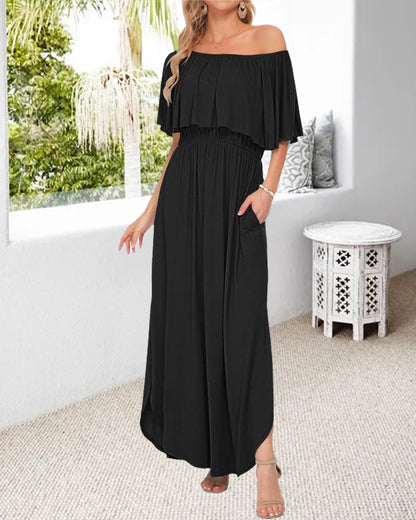 Off-Shoulder Ruffle Slit Dress