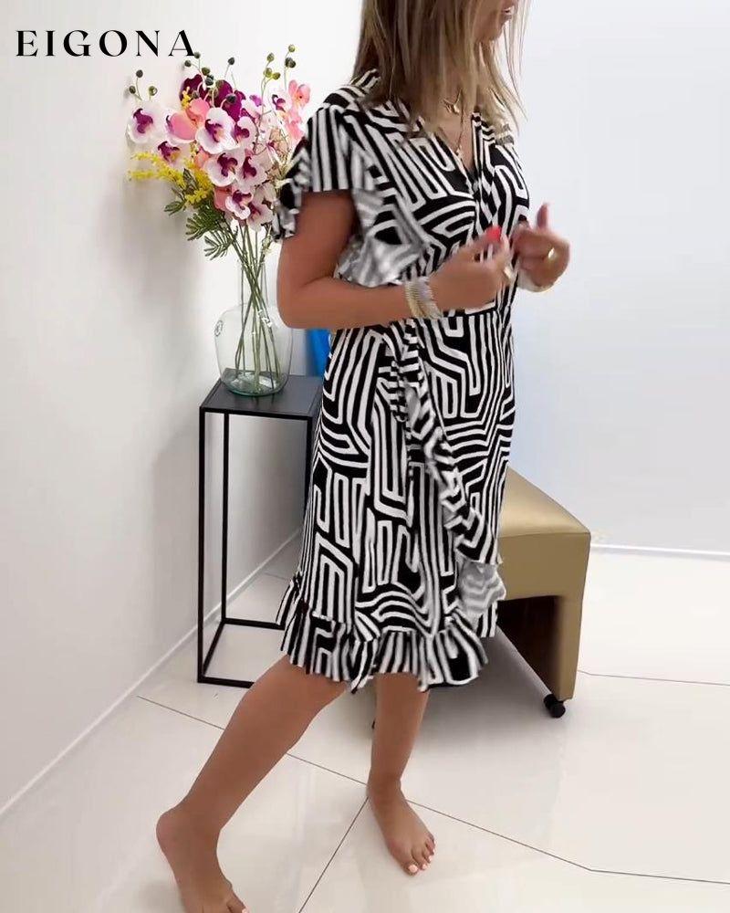 Fashionable geometric print V-neck ruffle dress casual dresses spring summer