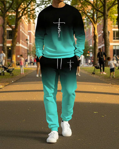 Men's Gradient Color Crewneck Tracksuit Set