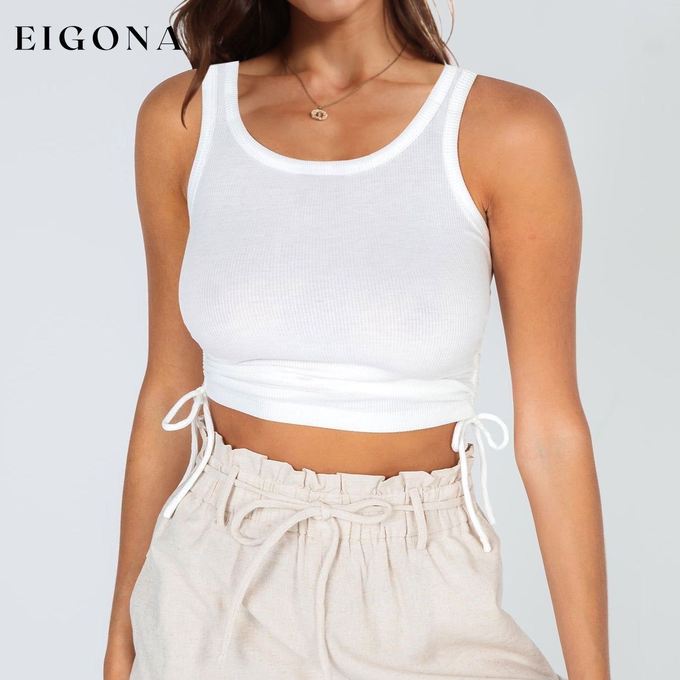 Drawstring Ruched Round Neck Tank White clothes crop top croptop MDML Ship From Overseas Shipping Delay 09/29/2023 - 10/02/2023 shirt shirts short sleeve top tops trend