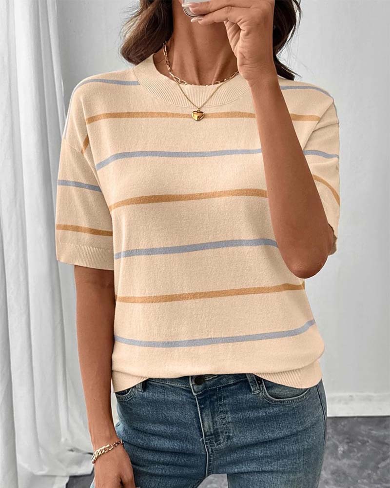 Stripe Contrast Color Short Sleeve Knit Pullover