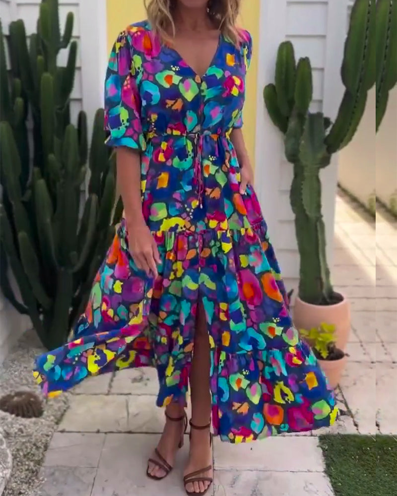 Lantern Sleeve Tie-Drawstring Printed V-Neck Dress