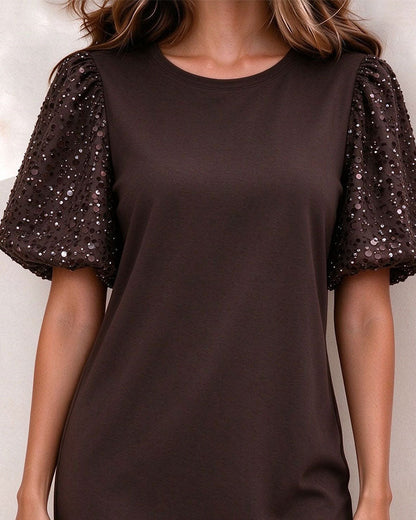 Puff Sequined Sleeve A-Line Dress