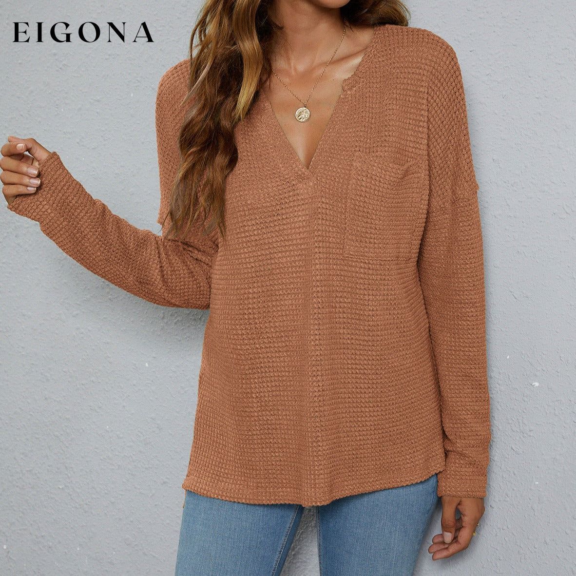 Dropped Shoulder High-Low Waffle-Knit Top Changeable clothes long sleeve long sleeve shirts long sleeve top Ship From Overseas