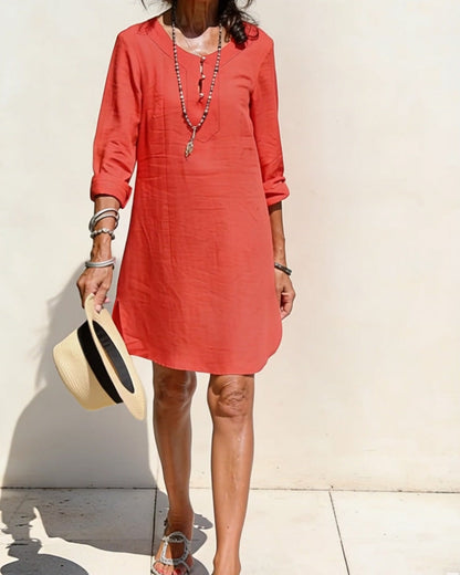 Half Placket Side Slit Cotton And Linen Dress