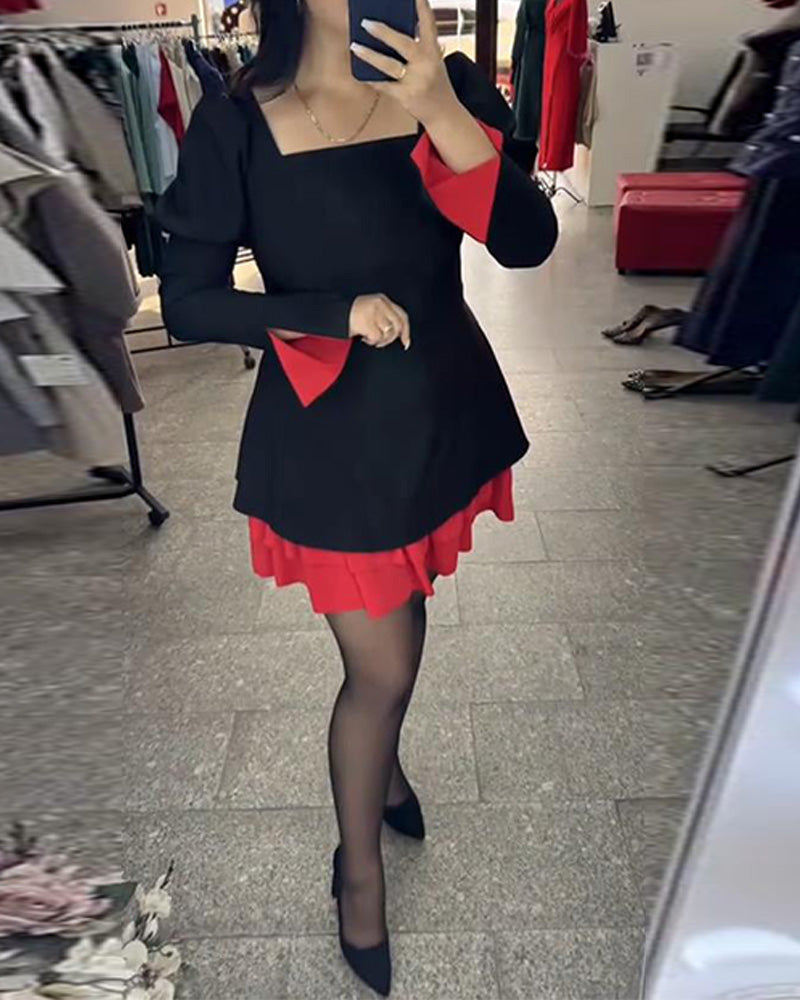 Slit Bell Sleeves Patchwork A Hem Dress