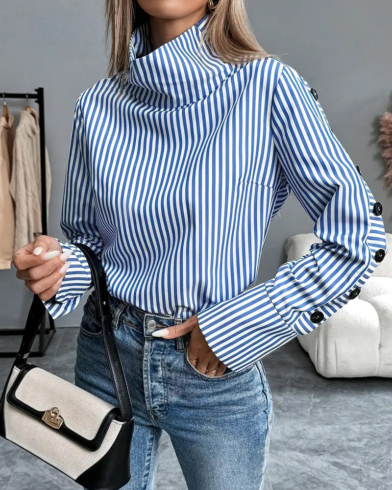 Fashionable Half Turtleneck Striped Blouse 2024 f/w blouses & shirts spring