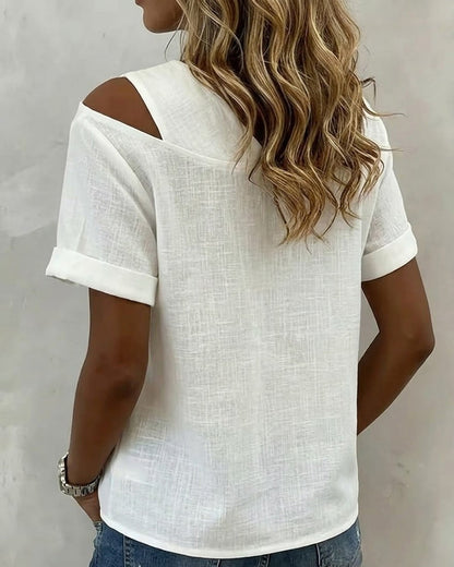 Off-Shoulder V-Neck Solid Short Sleeve Blouse