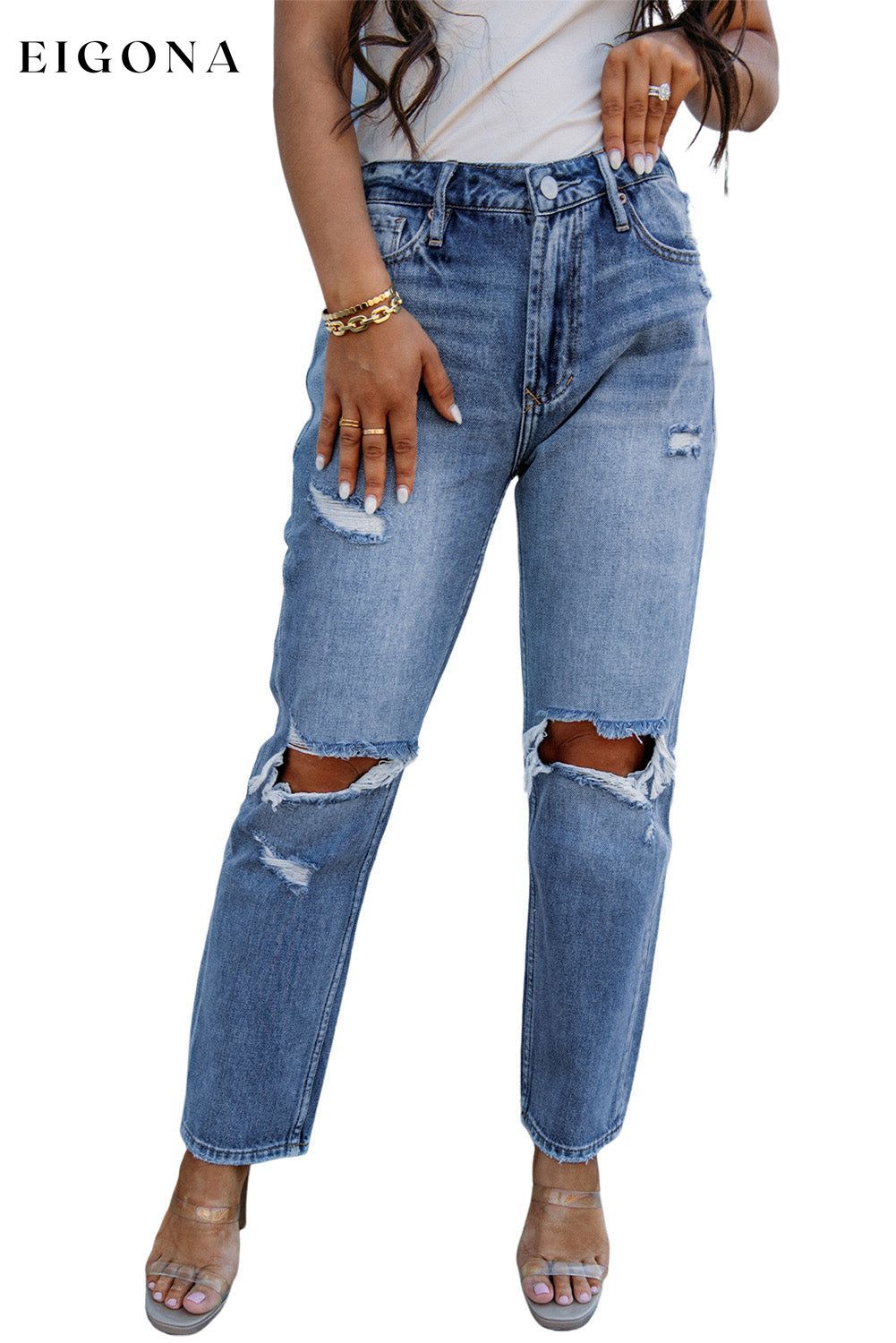 Sky Blue Open Knee Cutout Straight Leg Jeans All In Stock Best Sellers bottoms clothes Color Blue Craft Distressed Early Fall Collection Fabric Denim Hot picks Occasion Daily pants ripped knee Season Spring Style Casual