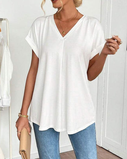 Short-Sleeved Solid Color Patchwork T-Shirt