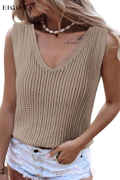 Khaki Hollowed Knit V Neck Tank Top All In Stock clothes Fabric Ribbed Fabric Textured Occasion Vacation Print Solid Color Season Summer Size S To 2XL Style Casual tank tank top tops