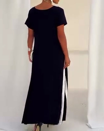 Abito con scollo a V e colori a contrasto