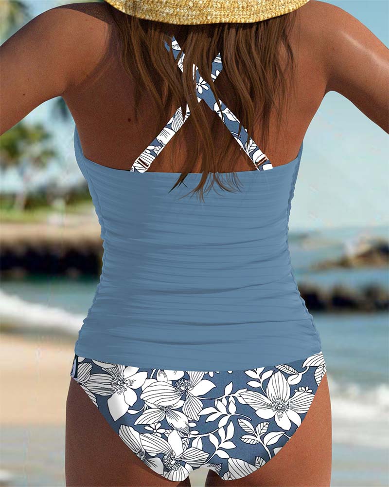 Cross-Strap Ribbed Triangle Print Tankini