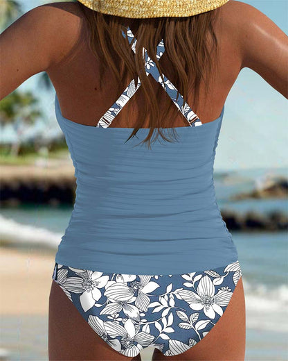 Cross-Strap Ribbed Triangle Print Tankini