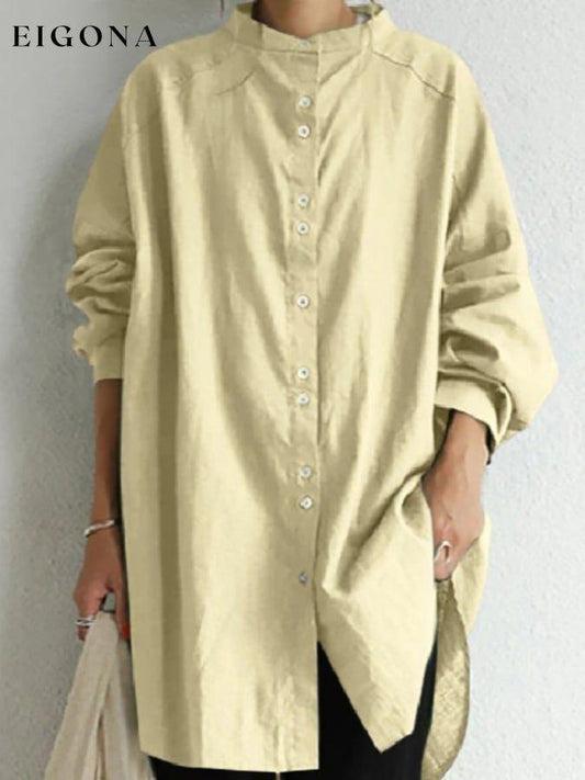 Stand Collar Contrast Button Loose Long Sleeve Casual Shirt cotton linens