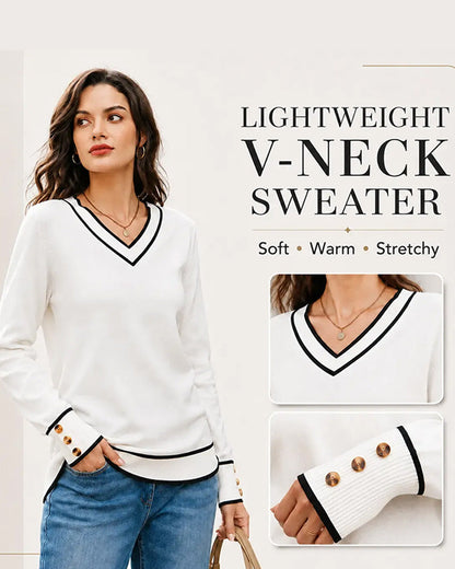 Colorblock V-Neck Trim Button Pullover