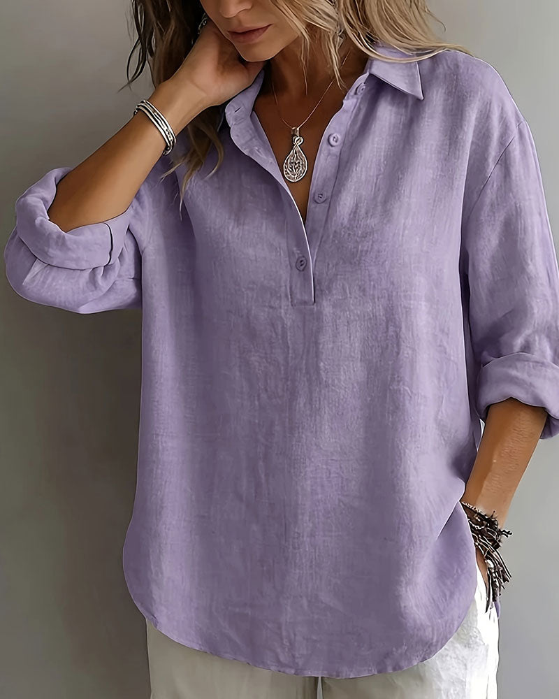 Solid Color Lapel Half-Placket Long Sleeve Blouse