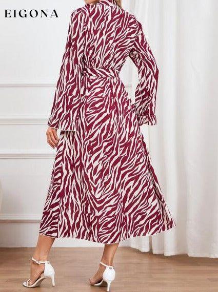 Animal Print Tie Front Ruffle Trim Long Sleeve Casual Maxi Midi Dress