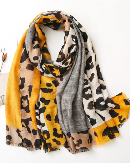 Women's Leopard Patchwork Print Fringe Shawl Scarf 2024 f/w accesories spring summer