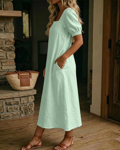 Square Neck Puff Sleeve Pocket Dress