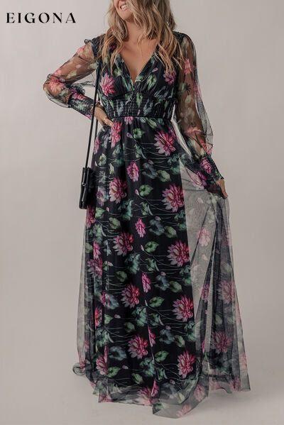 Somcked Floral V-Neck Long Sleeve Maxi Dress Black clothes dress dresses long sleeve dress long sleeve dresses maxi dress Ship From Overseas SYNZ