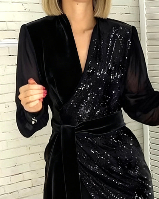Fashionable V-Neck Sequined Velvet Dress