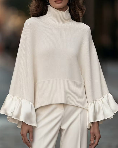 Turtleneck Patchwork Ruffled Sleeve Pullover