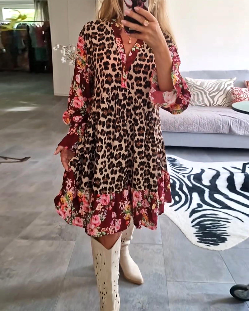 Fashionable leopard floral print bell sleeve dress 2024 f/w casual dresses spring