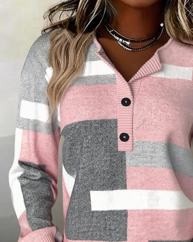 Checkered Button-Front Long-Sleeve Sweatshirt