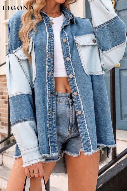 Raw Hem Button Up Color Block Denim Jacket with Breast Pockets Misty Blue clothes long sleeve shirts long sleeve top long sleeve tops Ship From Overseas shirt shirts SYNZ top tops