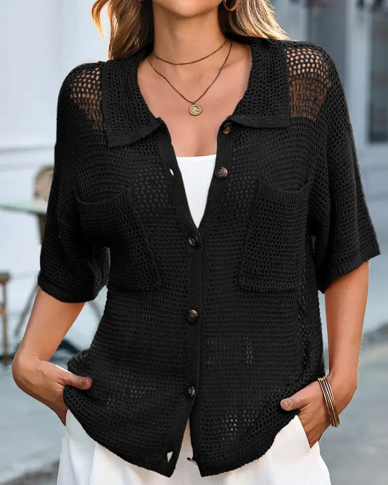 Lapel Hollow Mesh Cardigan