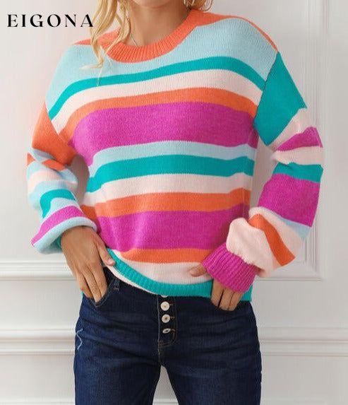 Striped Round Neck Long Sleeve Knit Top Multicolor clothes Ship From Overseas SYNZ