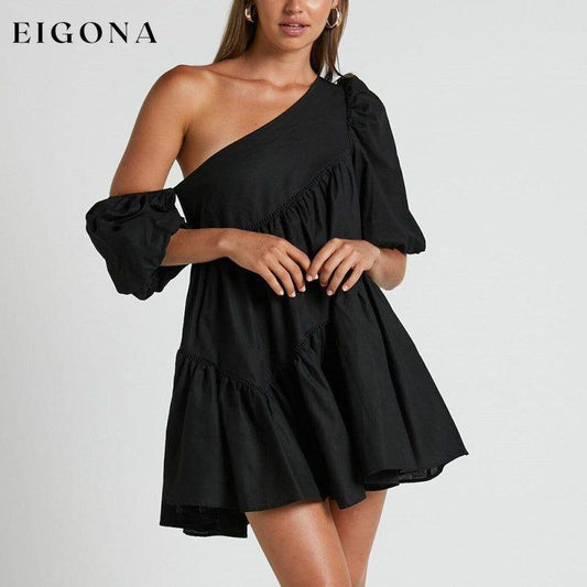 Women's casual loose off-shoulder puff sleeve patchwork short-sleeved dress irregular skirt Black clothes dress dresses short dresses
