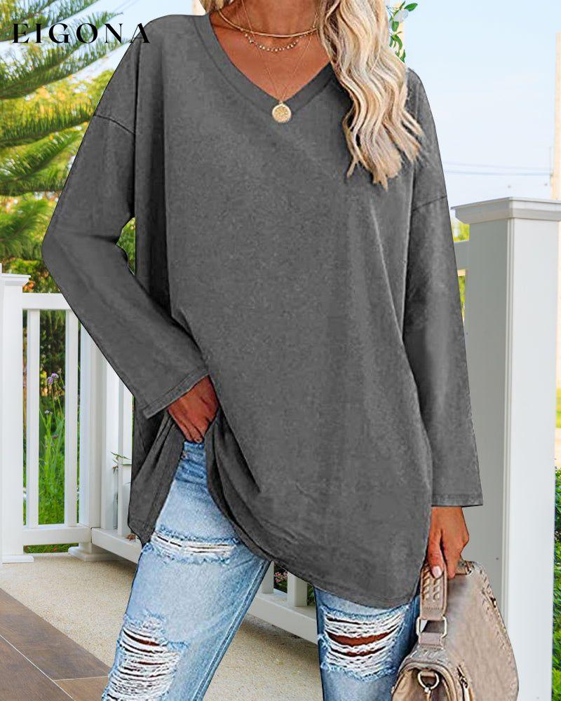 Plain v-neck long-sleeved women's t-shirt Dark gray 2022 F/W 23BF clothes Short Sleeve Tops Spring T-shirts Tops/Blouses