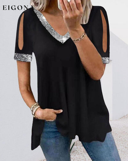 Solid V neck t-shirt Black 23BF clothes Short Sleeve Tops T-shirts Tops/Blouses