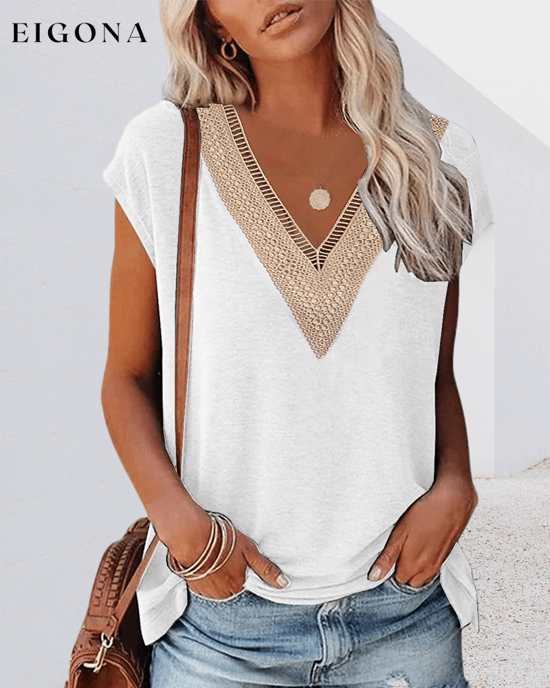 V-neck lace T-shirt 23BF clothes Short Sleeve Tops Spring Summer T-shirts Tops/Blouses