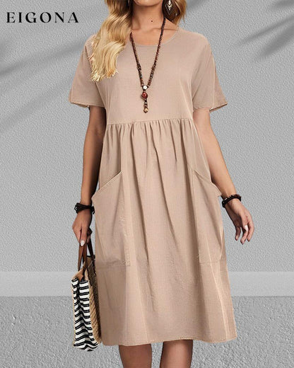 Round neck pleated short sleeve dress 23BF Casual Dresses Clothes Cotton and Linen Dresses Spring Summer