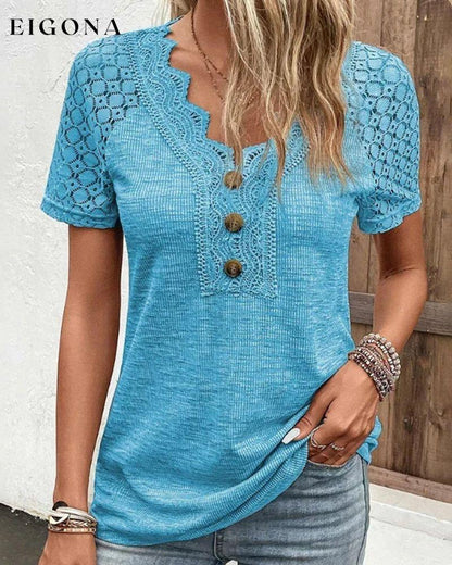 Lace Short Sleeve T Shirt Blue 23BF 23BK clothes Short Sleeve Tops Spring Summer T-shirts Tops/Blouses