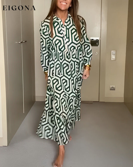 Geometric Print Nine Points Sleeve Dress Green 23BF Casual Dresses Clothes Dresses Spring Summer