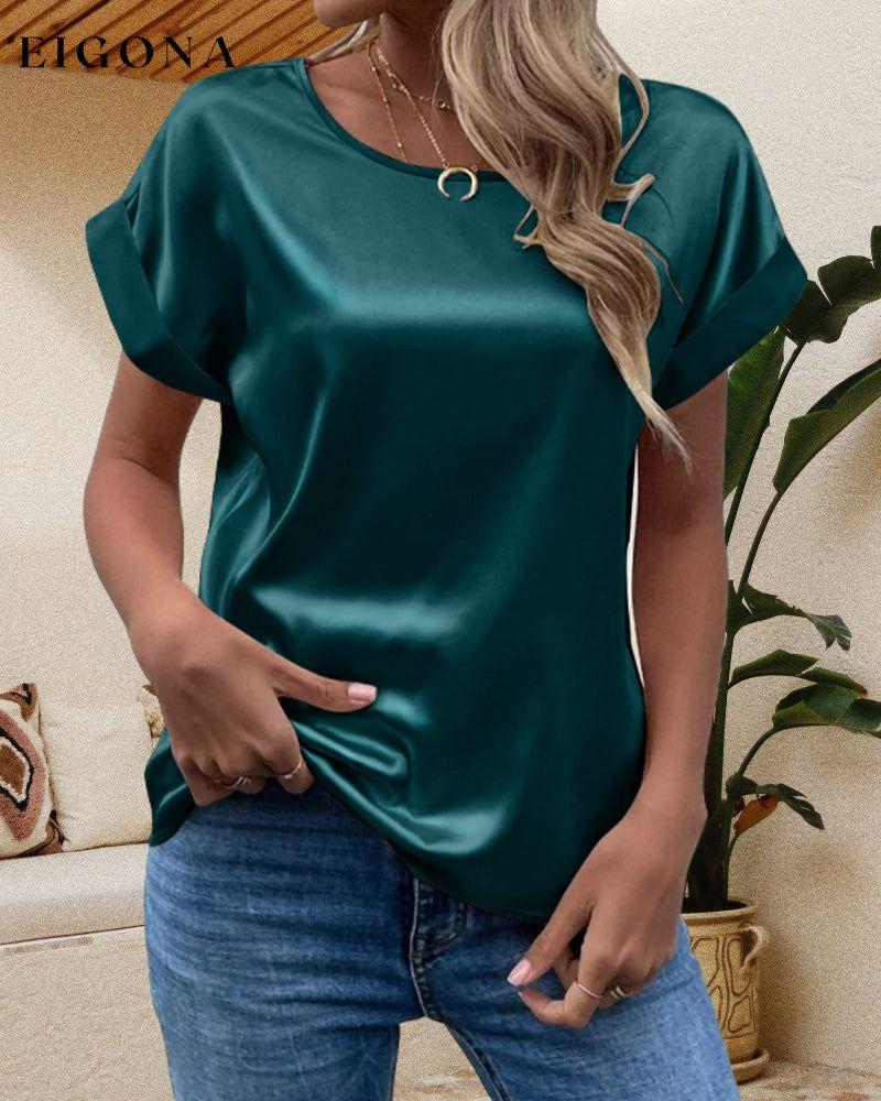 Satin crew neck solid T-shirt Green 23BF clothes Short Sleeve Tops Spring Summer T-shirts Tops/Blouses