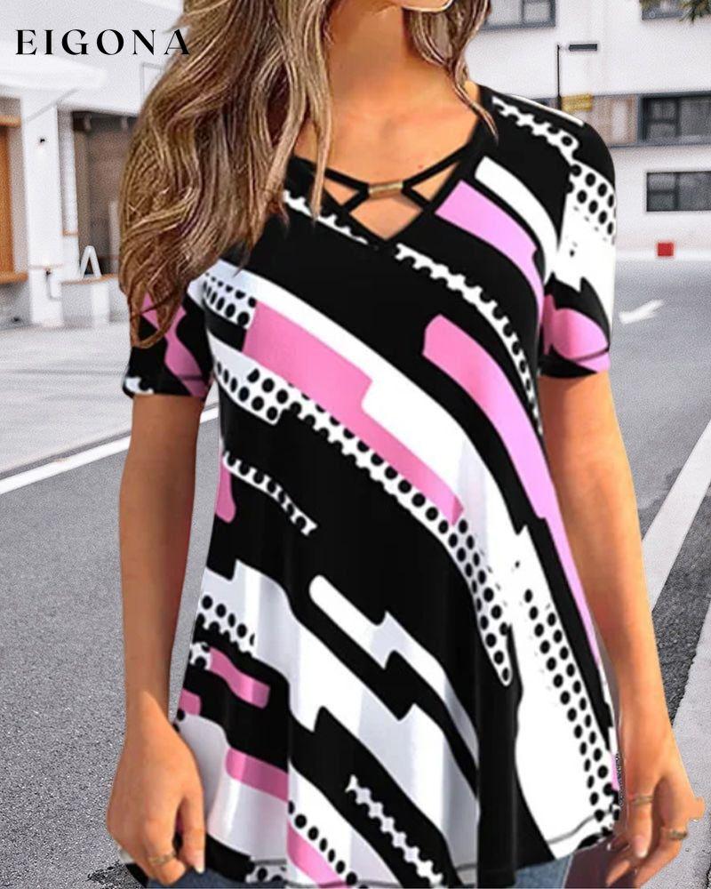 Short Sleeve Blouse with Color Block Print 23BF clothes Short Sleeve Tops T-shirts Tops/Blouses