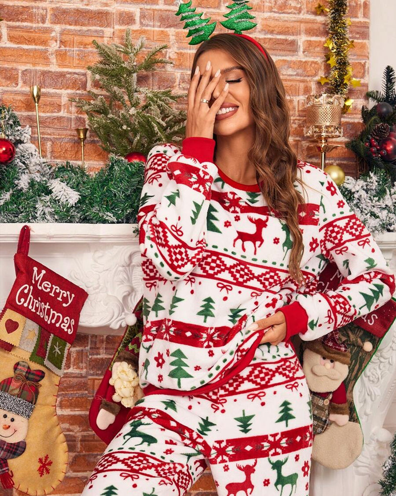 Christmas Themed Print Warm Long Sleeve Pajama Sets 2024 f/w Christmas matching family outfits two-piece sets