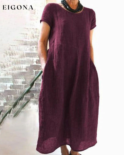 Loose solid color dress Burgundy 23BF casual dresses Clothes Cotton and Linen Dresses Spring summer