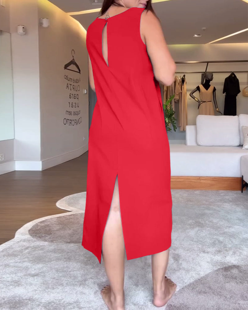 Casual V-neck Sleeveless Solid Color Split Dress