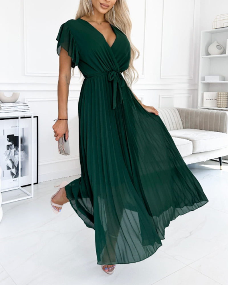 Solid color ruffled sleeves V-neck elegant dress casual dresses summer