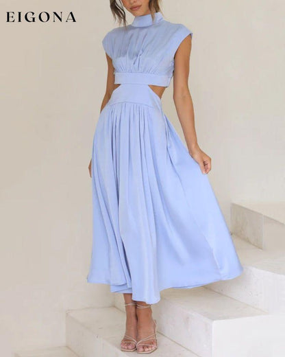 Stand collar off waist solid color long dress Sky blue 23BF Casual Dresses Clothes Dresses Summer