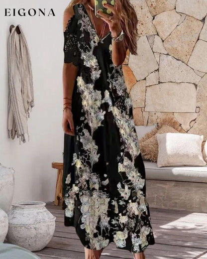 Floral Print Dress with Short Lace Sleeves 23BF Casual Dresses Clothes Dresses Spring Summer Vacation Dresses